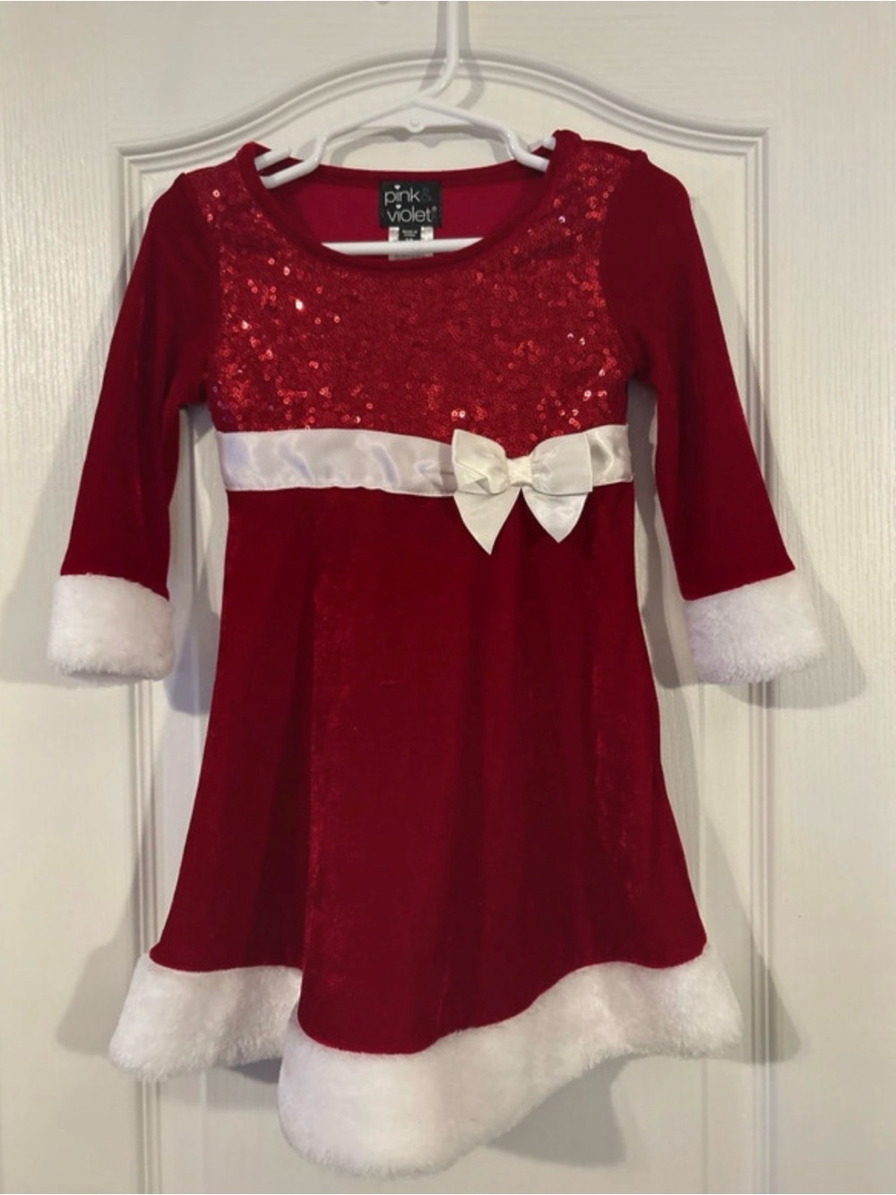 Pink & Violet Red Holiday Velvet Dress with White Trim